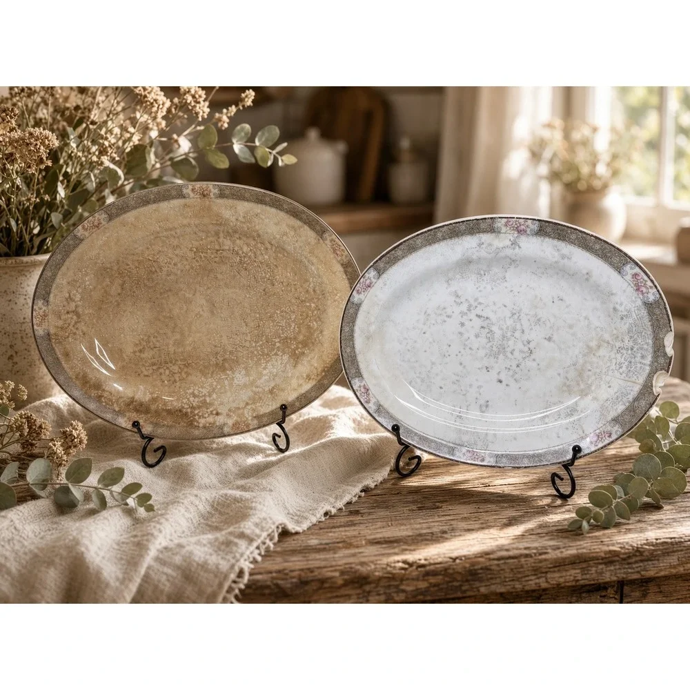 Vintage Saxon China Oval Platters Set of 2 Floral Border Crazed Farmhouse